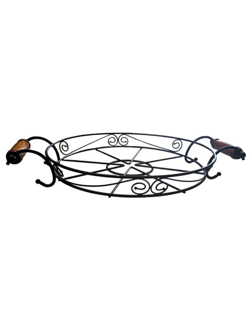 Wrought Iron Round Footed Tray Wooden Handles Black Scrollwork Wire Basket